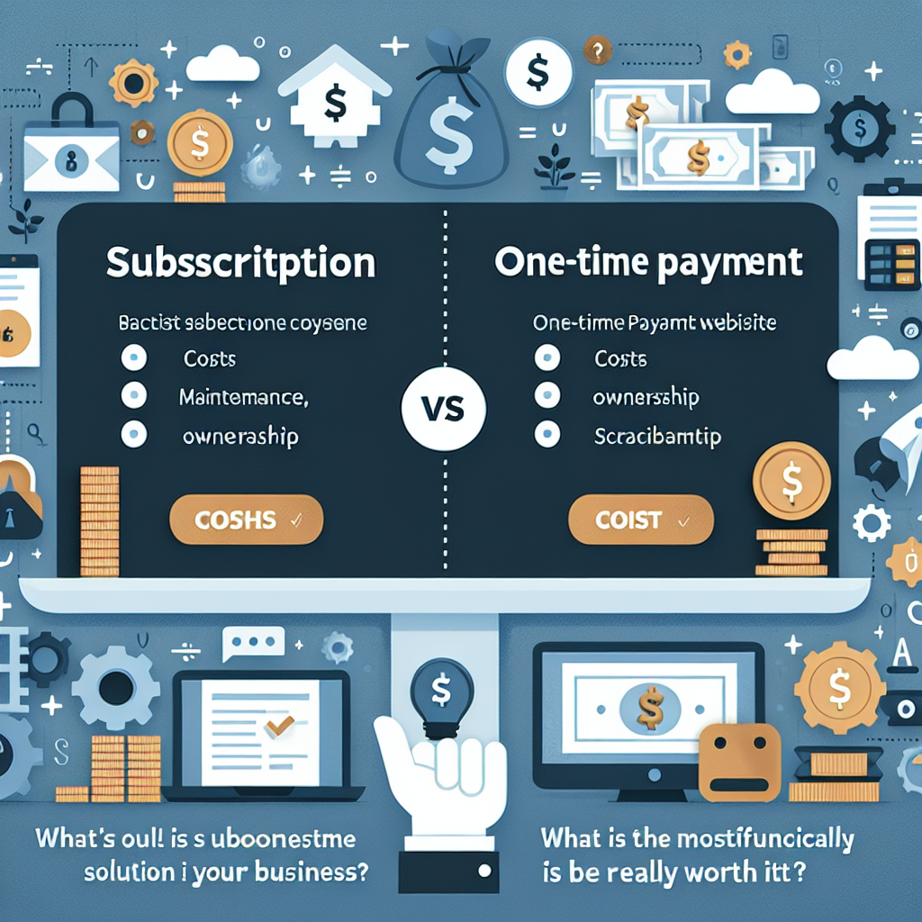 Immagine professionale e moderna per un articolo blog dal titolo: "Sito web in abbonamento vs una tantum: quale conviene davvero?". Contesto: Confronto pratico tra sito web in abbonamento e pagamento una tantum: costi, manutenzione, proprietà, scalabilità e suggerimenti per scegliere la soluzione più conveniente per la tua attività.. Stile pulito, adatto a un sito web di strategia digitale e AI.