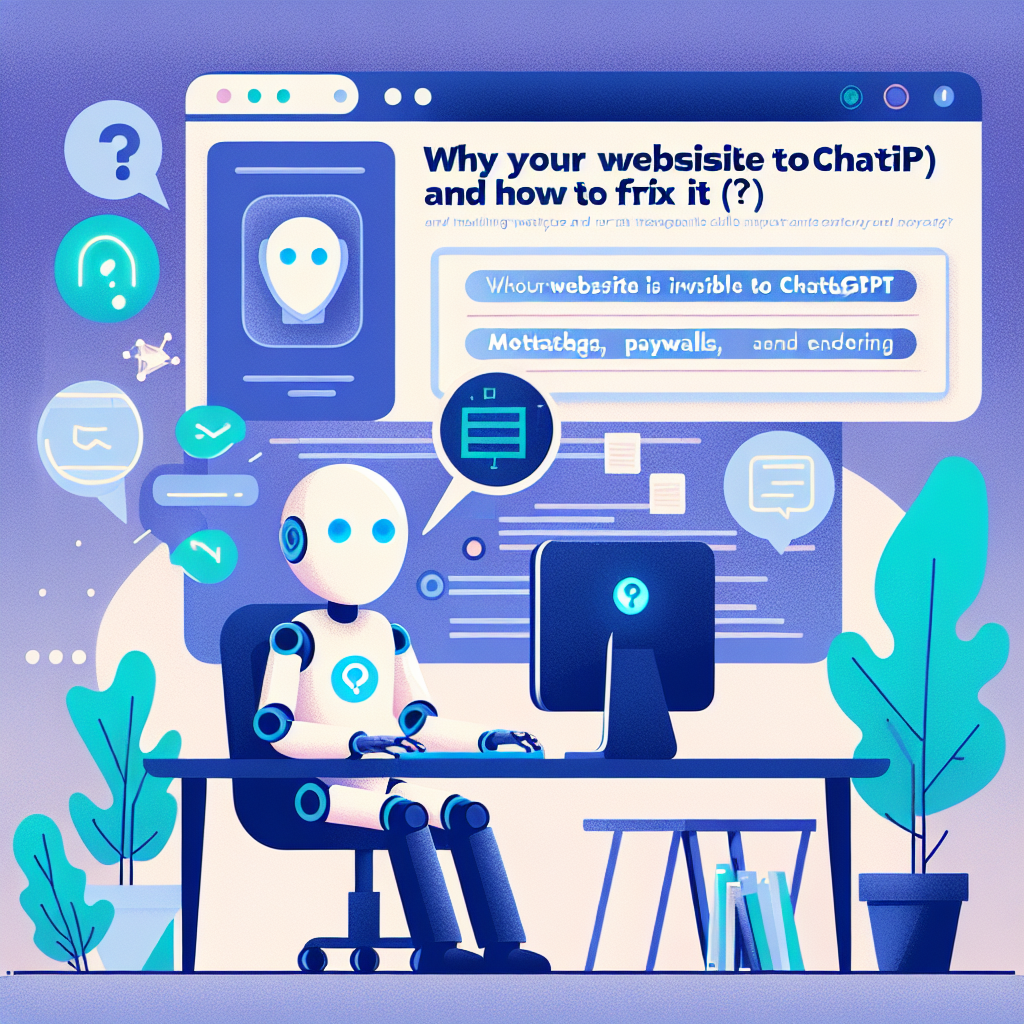 Immagine professionale e moderna per un articolo blog dal titolo: "Perché il tuo sito è invisibile a ChatGPT (e come rimediare)". Contesto: Scopri perché gli assistenti AI come ChatGPT non riescono a trovare o leggere il tuo sito: problemi tecnici, metatag, paywall e rendering. Guida pratica per rendere il sito accessibile e indicizzabile dall'AI.. Stile pulito, adatto a un sito web di strategia digitale e AI.